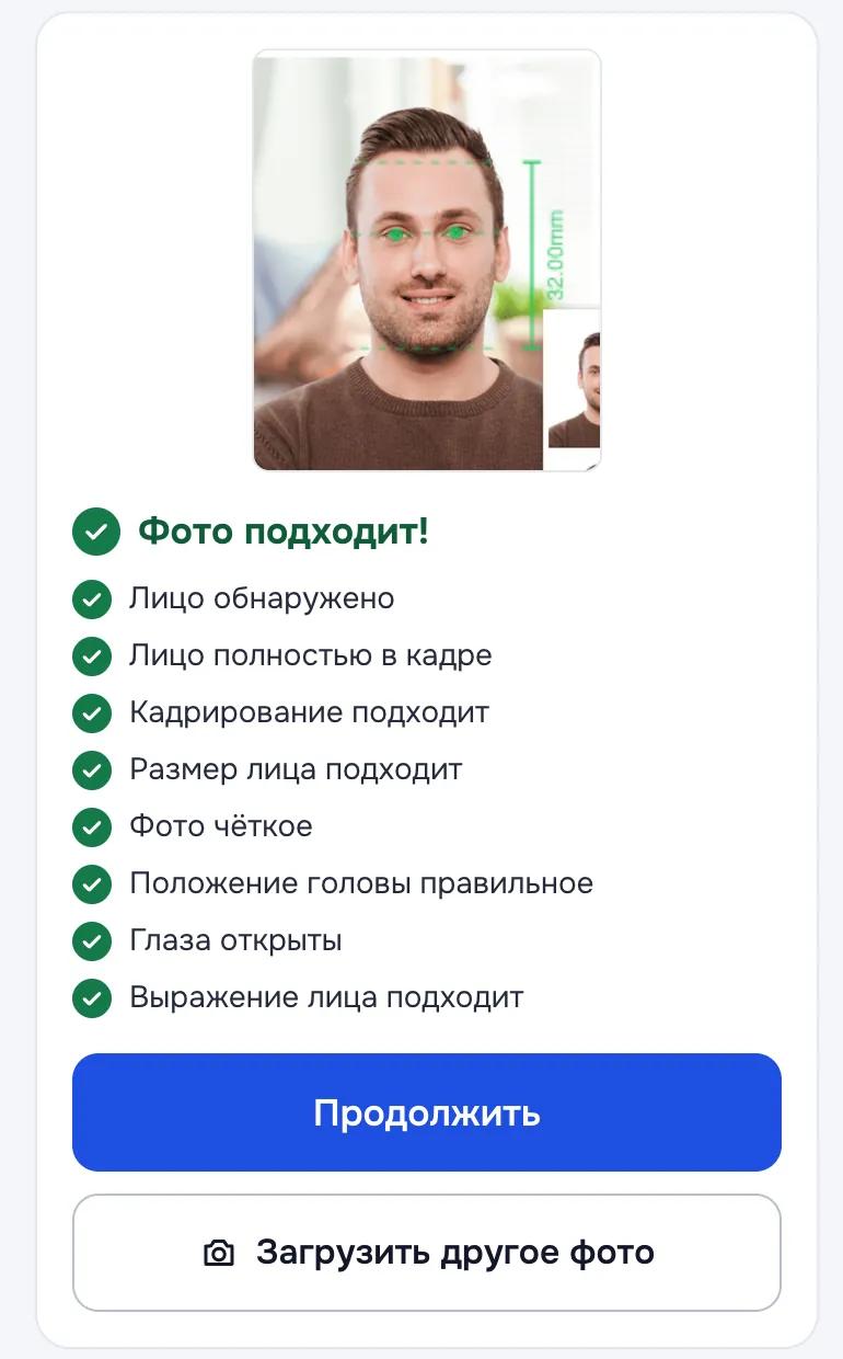 Проверка снимка: лицо обнаружено, кадрирование, размер лица, чёткость, положение головы, глаза и выражение лица подходят